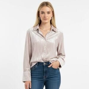 Marc New York Crinkle Velvet Button Down Blouse Womens M Champagne Glam Elegant